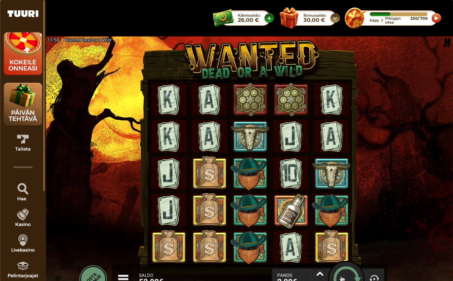 Tuuri nettikasinolla auki Wanted Dead or Awild. Saldo 56 €.