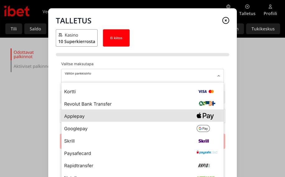 Applepay näkyy iBet kasinon talletusmoduulissa. Pelaajalla mahdollisuus ottaa 10 superkierrosta. Muita maksuvaihtoehtoja ovat kortti- ja Googlepay-maksut. 