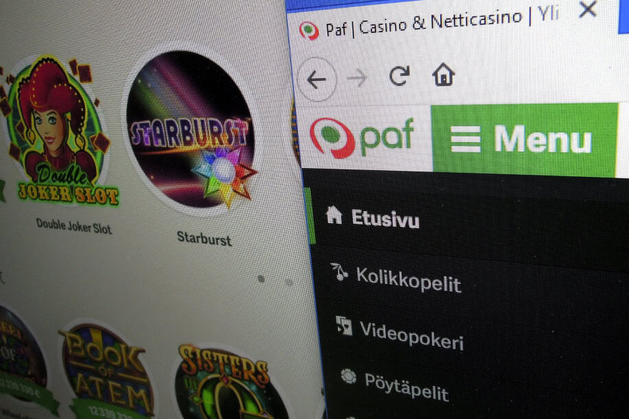Pafin Casino ja Netticasino, pelejä kuten Double Joker Slot ja Starburst. Kuvasta näkyy että Paf tarjoaa myös videopokerin.