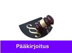 Suomen lakikirja ja lakivasara sekä teksti "Pääkirjoitus".