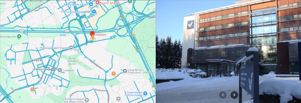 Google Maps kuvat jotka osoittavat Veikkauksen konttorin kartalla sekä sen julkisivun street view muodossa. 