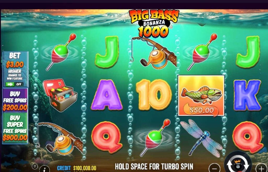 Kuvassa on tietokoneen näytön kuva demopelistä Big Bass Bonanza 1000. Pragmatic Play pelistudion omalta sivustolta, jossa sitä voi pelata ilmaisversiona.  
