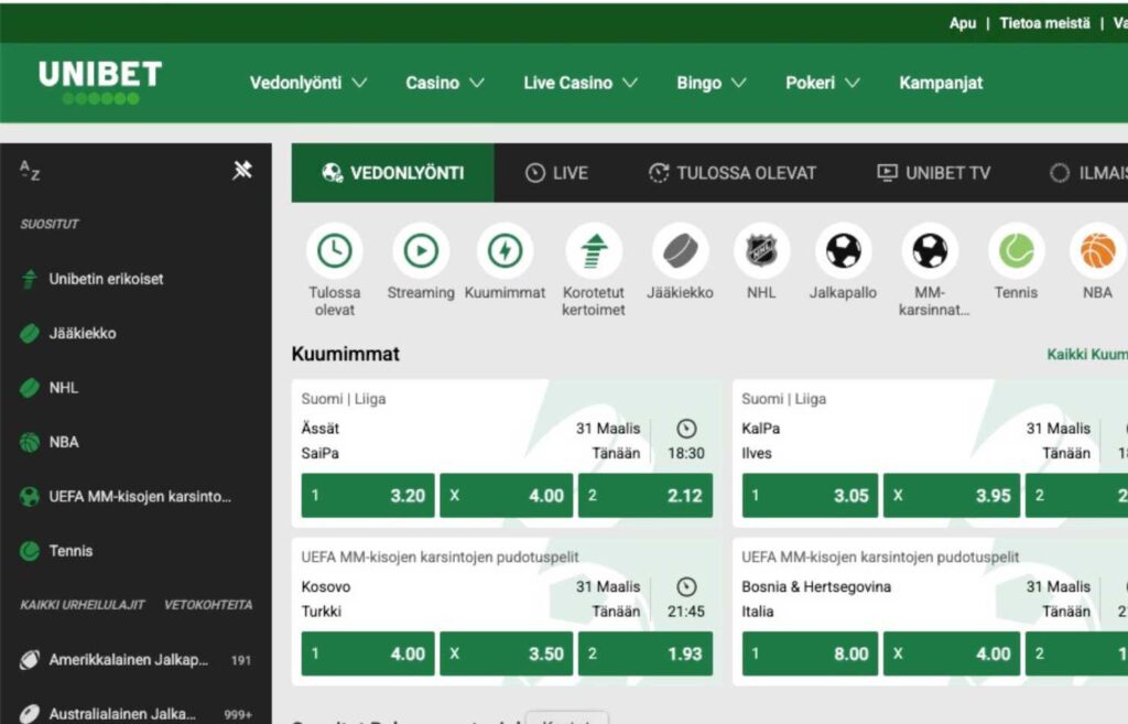 Kuvassa näkyy Unibet vedonlyöntisivun aloitusnäkymä, jossa on paljon vedonlyöntivaihtoehtoja jalkapalloon, jääkiekkoon, koripalloon, tennikseen sekä muihin kotimaisiin ja kansainvälisiin urheilukohteisiin. 