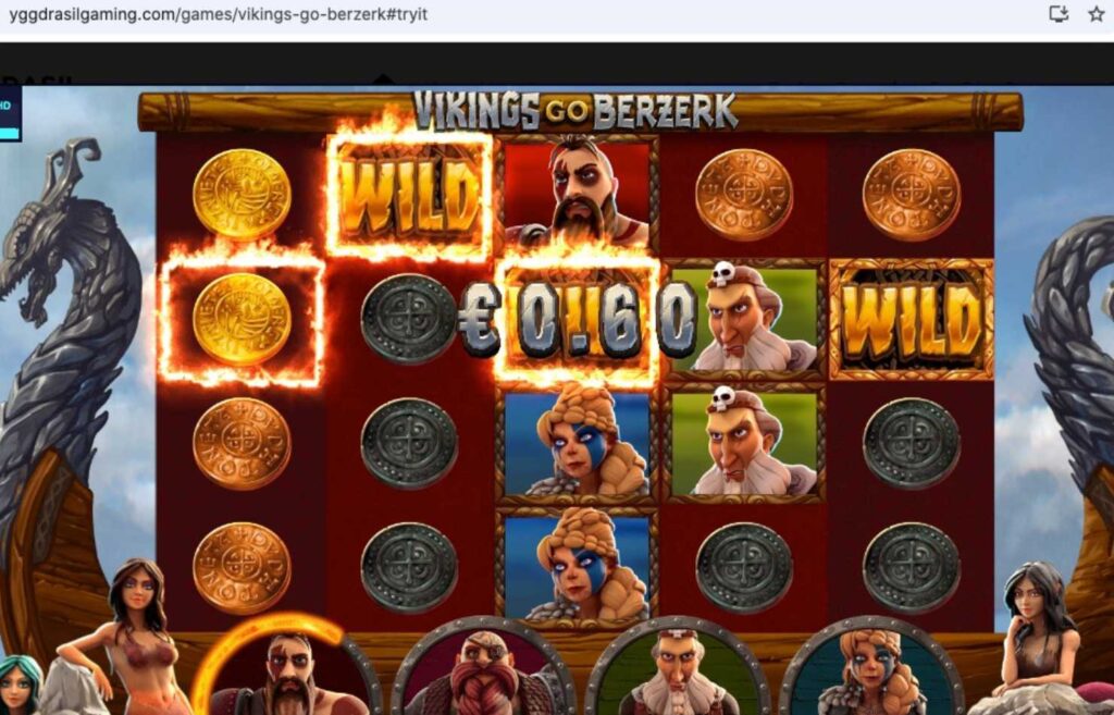 Kuvassa näkyy demoversio Yggdrasilin videokolikkopelistä Vikings Go Berzerk. Yggdrasilin sivustolla peli on ilmaisena. Ilmaiset kolikkopleit Rahapelisanomat