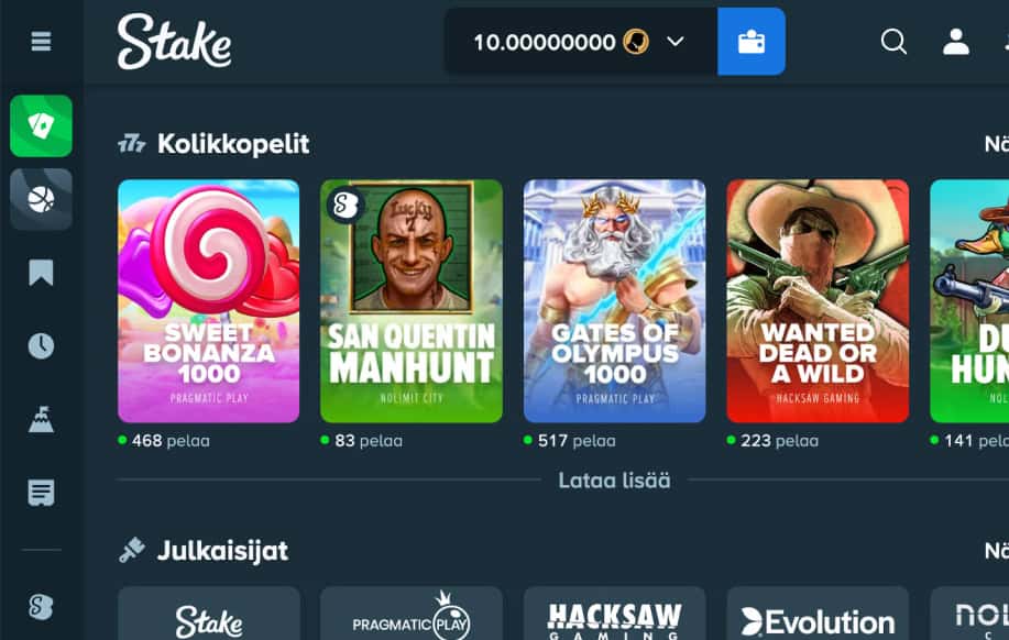 Stake kryptokasino. Rahapelisanomat testaajalla 10 Trump-coinia. Suosittuja kolikkopelejä kuten Sweet Bonanza 1000 ja San Quentin Manhunt missä satoja pelaajia.