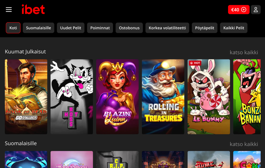 iBet casinoaula, kategoriana näkyy kuumia pelejä. Saldo 40 €.