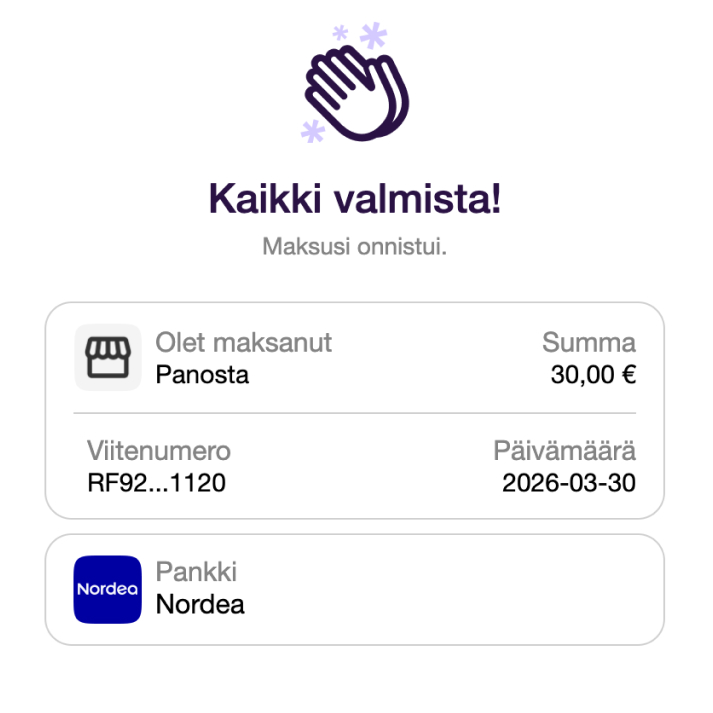 Vahvistusnäkymä onnistuneesta 30 euron maksusta Panosta-pikakasinolle Nordea-pankista