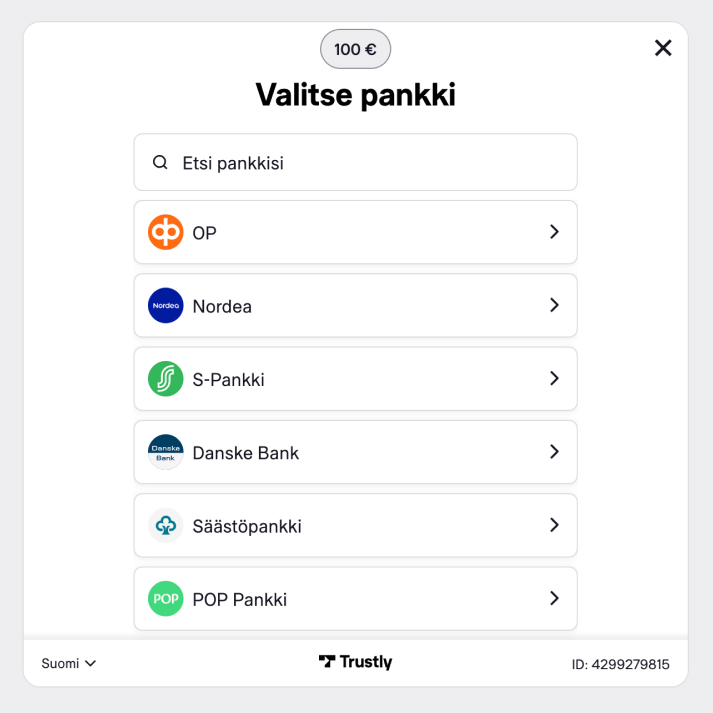 Trustly-kasino  pankki-ikkuna, jossa pelaaja valitsee oman pankkinsa tunnistautumista talletusta varten