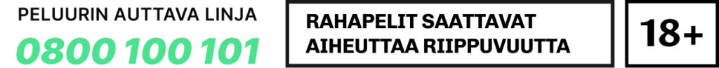 Rahapelisanomat varoituspalkki rahapelaamisen riippuvuutta aiheuttamisesta, lisäksi 18+ ikärajakehoitus ja Peluurin tukinumero 0800 100 101.