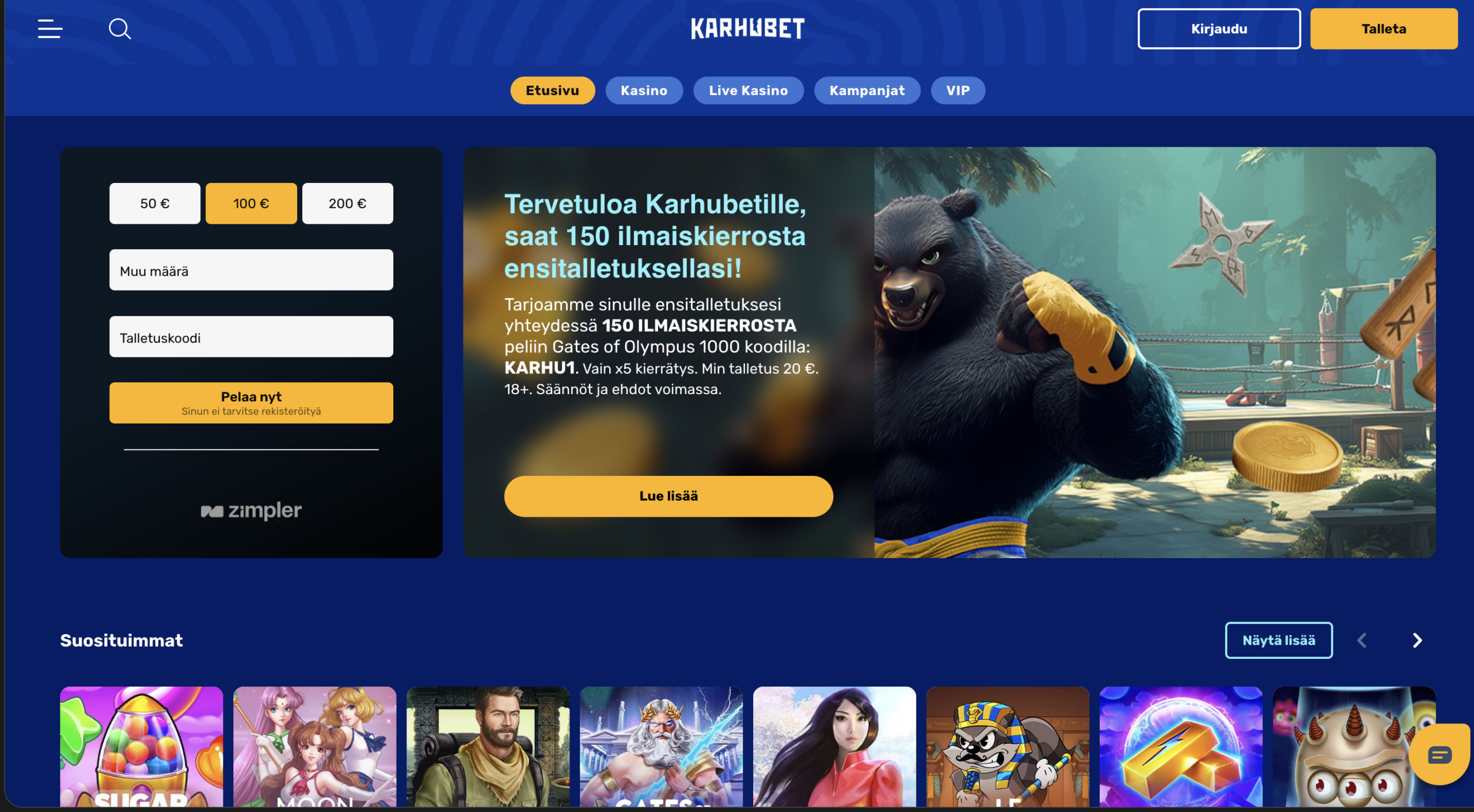 Karhubet Casino aulanäkymä ja pelitarjonta