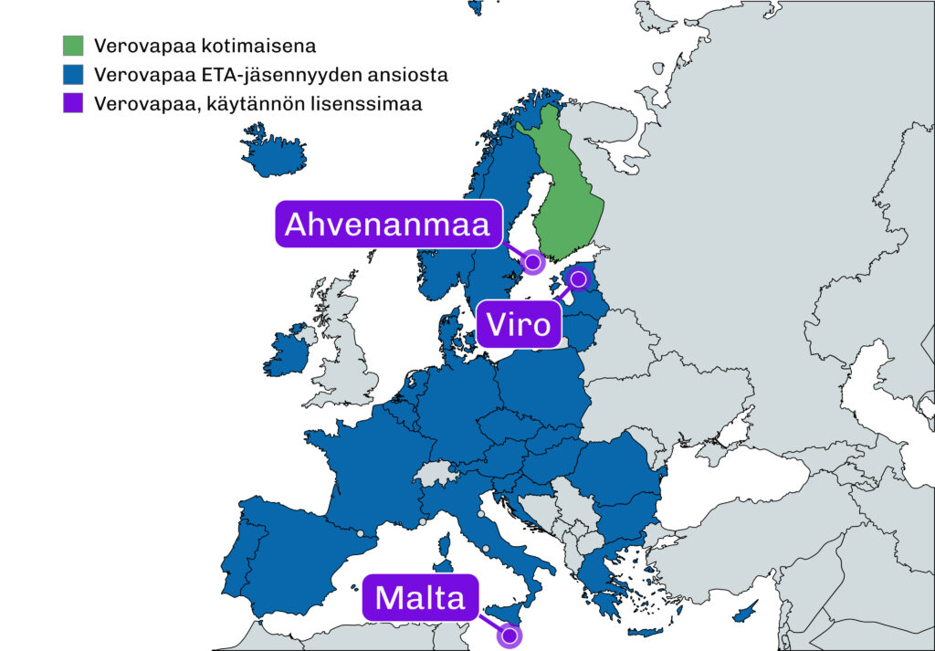 Nettikasinoiden lisenssointia käsittelevä kartta Euroopasta, jossa on merkitty Suomeen suunnattujen nettikasinoiden kolme käytännön lisenssimaata: Ahvenanmaa, Viro ja Malta. Suomi on vihreällä (kotimainen verovapaus) ja muut ETA-maat sinisellä (verovapaa ETA-jäsenyyden ansiosta).