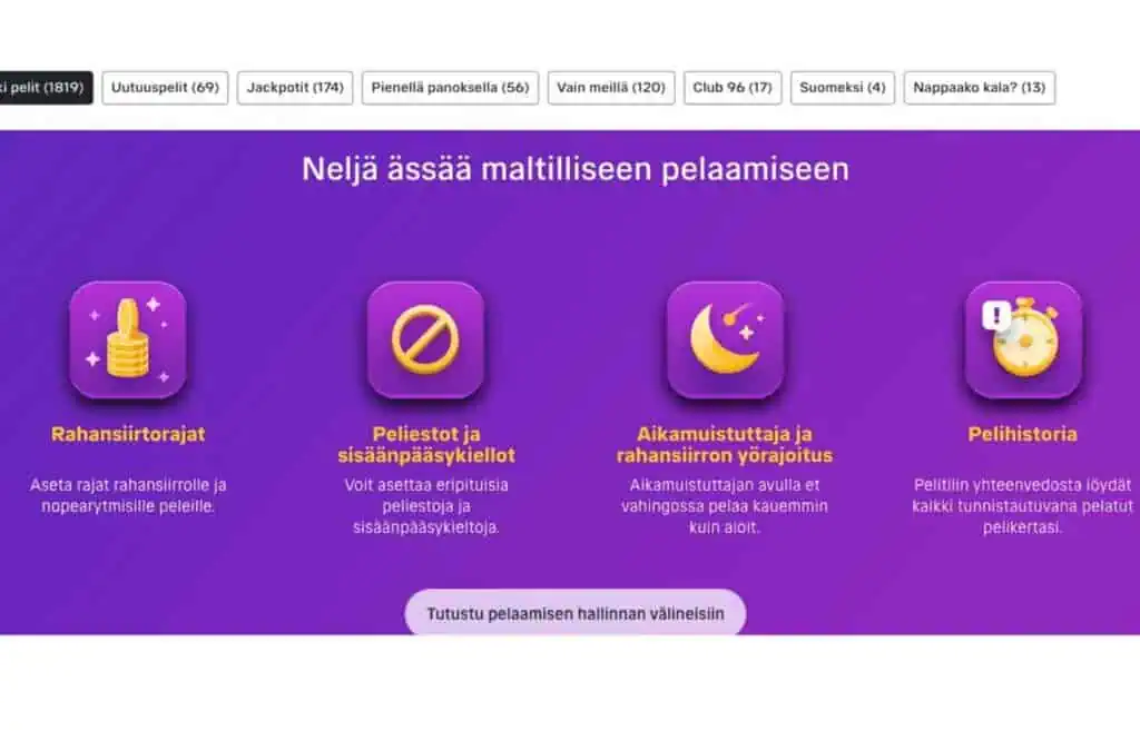 Kuvassa Veikkauksen sivuston maltillisen palaamisen näkymä Vastuullinen pelaaminen Veikkauksella Rahapelisanomat