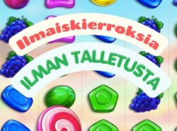 Kuvassa on Sweet Bonanza pelin yksityiskohdasta kuva ja teksti Ilmaiskierroksia ilman talletusta.