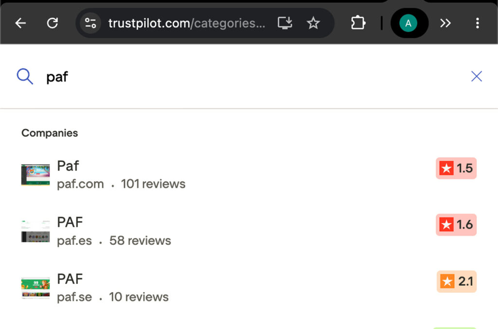 Trustpilot kuvankaappaus näyttää PAF nettikasinoiden arvosteluita. Eri nettikasinot, paf.com, paf.es. ja paf.se. Surkeat arviot, 1.5, 1.6. ja 2.1 samassa järjestyksessä.