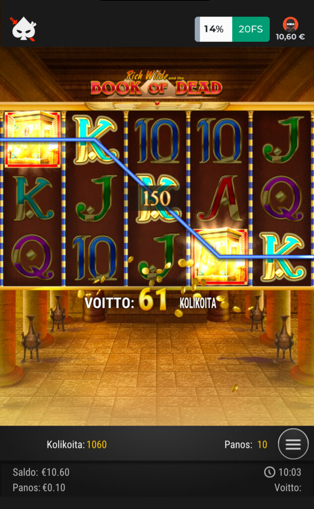 Aleksi Virtanen saanut Ninja Casino Book of Dead pelistä 150 kolikon voiton. Saldo 11 euroa.