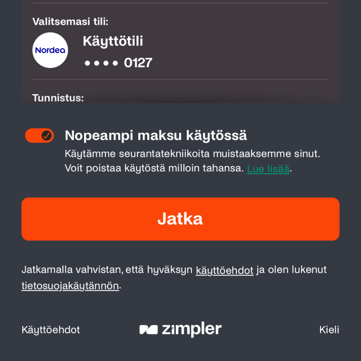 Zimpler-maksun vahvistus – pelaaja hyväksyy maksun Nordean käyttötililtä pankkitunnuksilla, Nopeampi maksu -valinta käytössä seuraavia kertoja varten