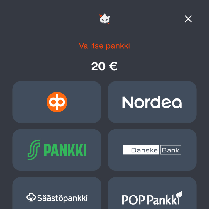 Zimpler talletus alkaa summan ja pankin valinnalla – esimerkkinä Ninja Casinon kassa, 20 euron talletus ja pankkeina OP, Nordea, S-Pankki, Danske Bank, Säästöpankki ja POP Pankki