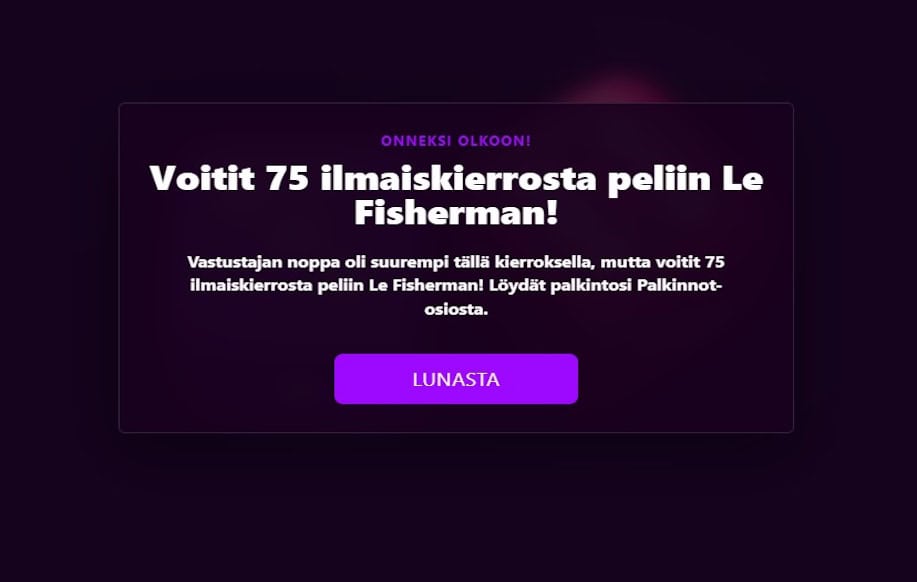 Kuvassa ilmoitus voitetuista 75 ilmaiskierroksesta Le Fisherman peliin.