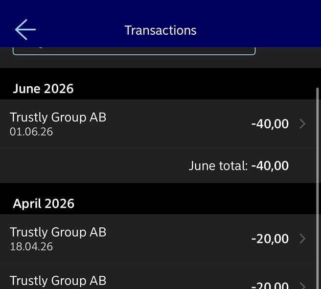 Nordea kuvankaappaus näyttää Aleksi Virtasen tekemiä 20 ja 40 euron Trustly-kasino talletuksia. 