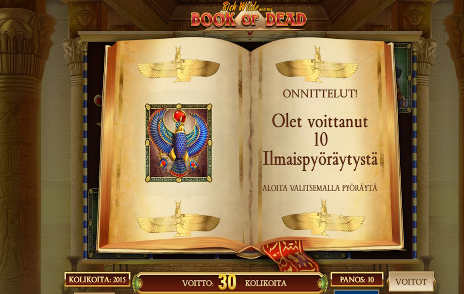 Pelaaja saanut 30 kolikon voiton ja 10 ilmaispyöräytystä pelistä Book of Dead Urho Kasinolla. Nettikasino on suomeksi.
