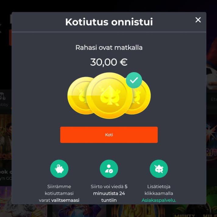 Kuva näyttää että Rahapelisanomat testaaja on tehnyt 30 € kotiutuksen Ninja Casinolta. Kasino kertoo siirron vievän 5 minuutista 24 tuntiin.