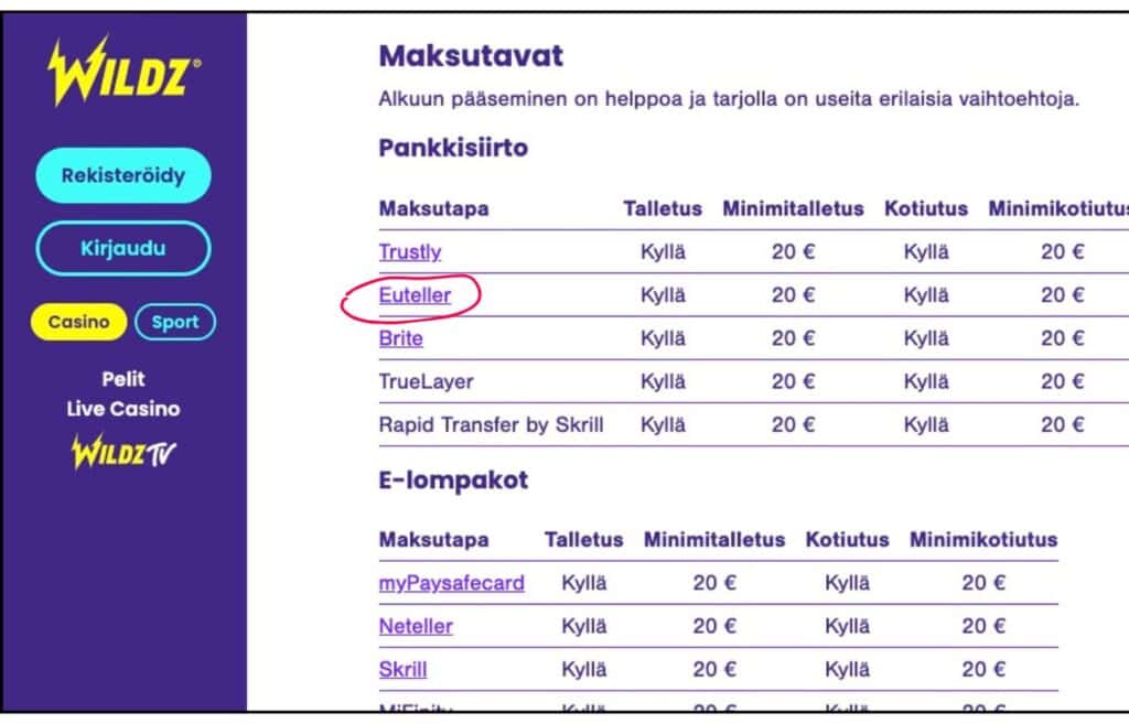 Kuvassa näkyy Wildz kasinon maksutapa osion yksityiskohta, jossa Euteller on ympyröity. Euteller kotiutus kesto Rahapelisanomat