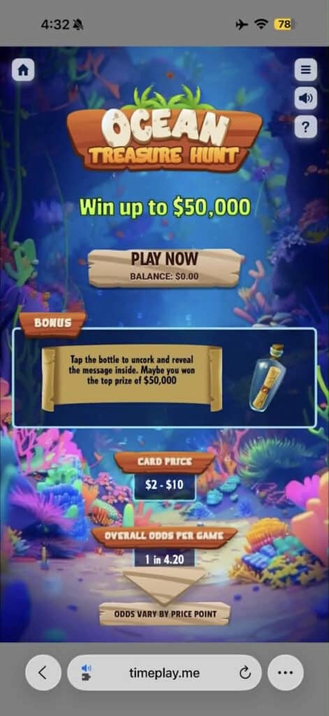 Royal Caribbean Ocean Treasure Hunt raaputuspeli mobiililaitteella. Kuvassa piirretty merenpohja ja teksti "win up to $50 000."