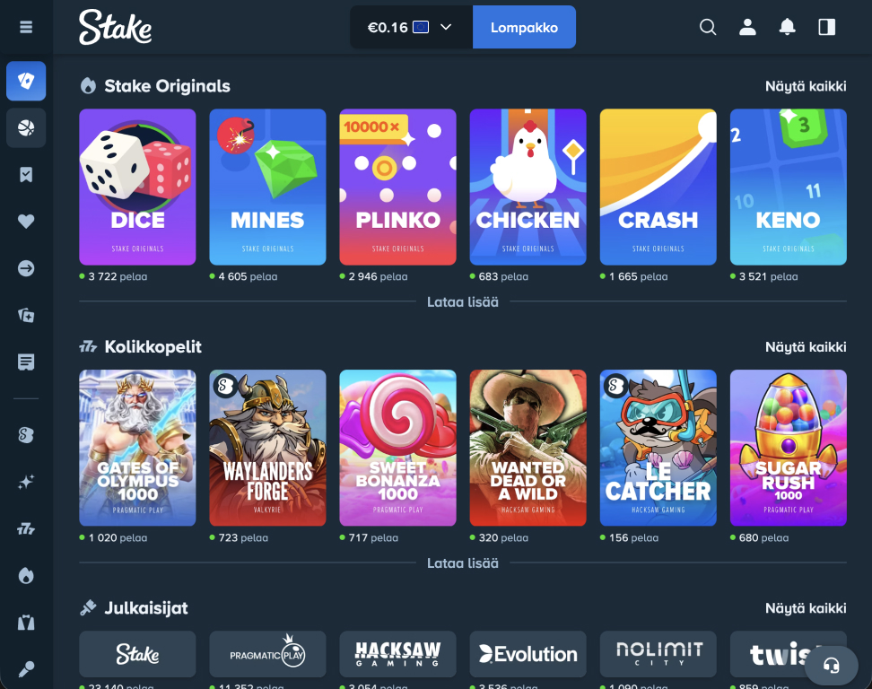 Stake-kasinon suomalaisen pelaajan näkymä. Ylärivillä Stake Originals -pelit Dice, Mines, Plinko, Chicken, Crash ja Keno pelaajamäärineen, alla kolikkopelit kuten Gates of Olympus 1000 ja Sweet Bonanza 1000. Saldo 0,16 euroa.