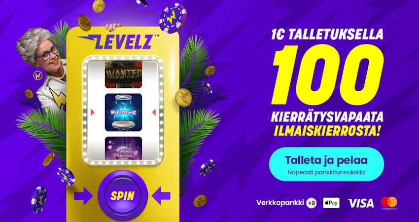 Wildz bonusbanneri jossa kerrotaan että saat uutena pelaajana 1€ talletuksella 100 kierrätysvapaata ilmaiskierrosta. 