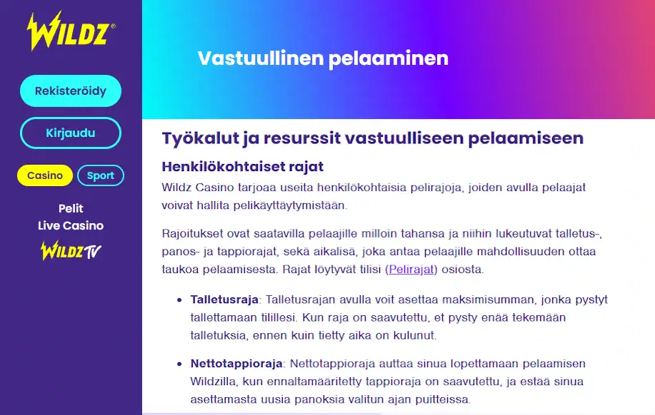 Kuvakaappaus Wildzin vastuullisen pelaamisen sivulta. Kuvassa kerrotaan muun muassa talletusrajojen ja nettotappiorajojen asettamisesta. 