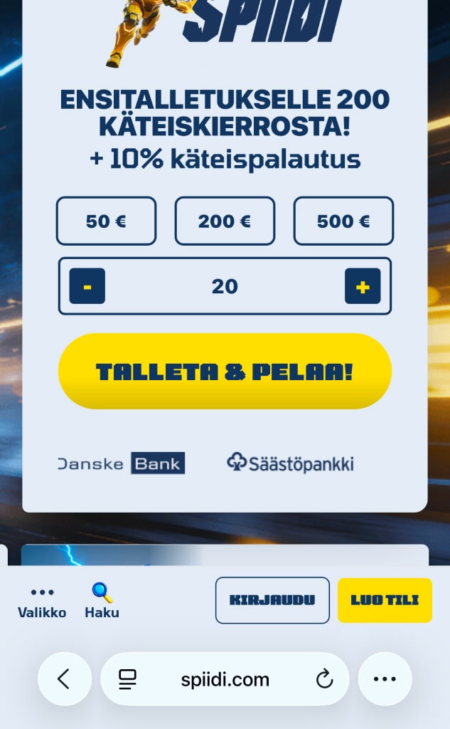 Spiidi kertoo tarjoavansa ensitalletuksella 200 ilmaiskierroksesta ilman kierrätystä. Kuvakaappaus etusivusta.