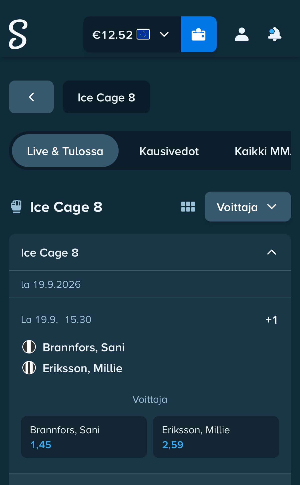 Ice Cage 8 vedonlyönti Stakella: voittajakertoimet mobiilinäkymässä, kuvassa Brannfors–Eriksson-ottelu 19.9.2026.