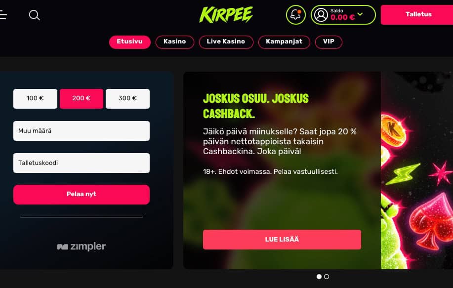 Kirpee kasinon talletusnäkymä