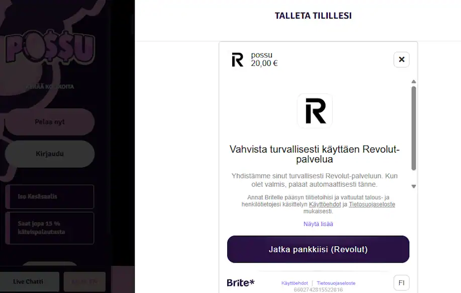 Rahapelisanomien 20 € testitalletus tehtiin Briten kautta Revolutilla.