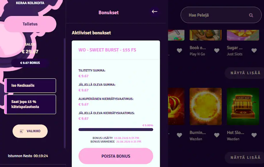 Oma testi: 9,67 € ilmaiskierrosvoitolle näkyi 9,67 € kierrätysvaatimus, mikä vastasi kampanjan 1x-ehtoa.