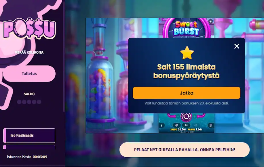 Possu Casinon 155 ilmaiskierroksen tervetuliaisbonus Sweet Burst -peliin.