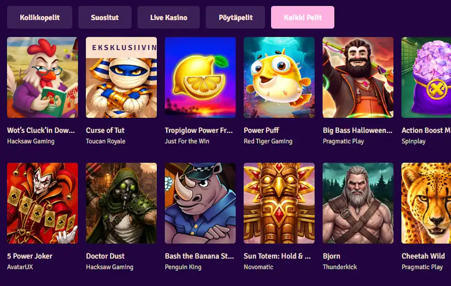Possu Casinon kaikki pelit listaus. Kuvassa muun muassa 5 Power Joker, Doctor Dust ja Power Puff pelit. 