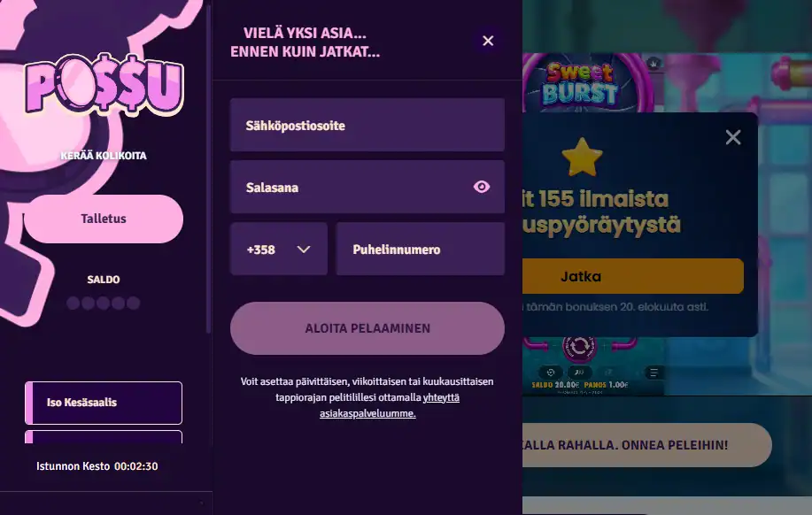 Possu Casino pyytää sähköpostiosoitetta osana rekisteröitymistä. 