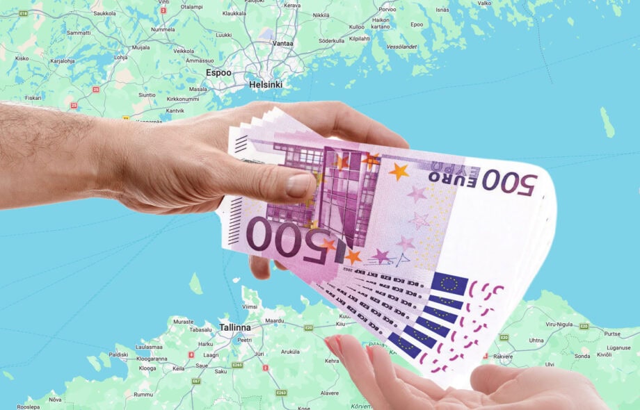 Kuvamontaasi jossa rahaa ojennetaan suomenlahden yli.
