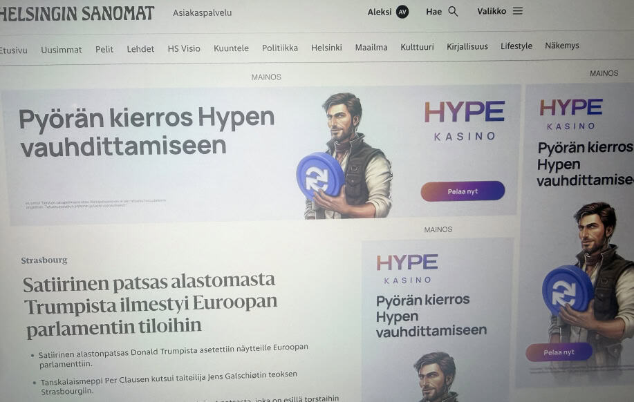 Kuvassa Hype Kasino mainostaa Helsingin Sanomissa. Aleksi Virtanen kirjautuneena HS-tilille. 
