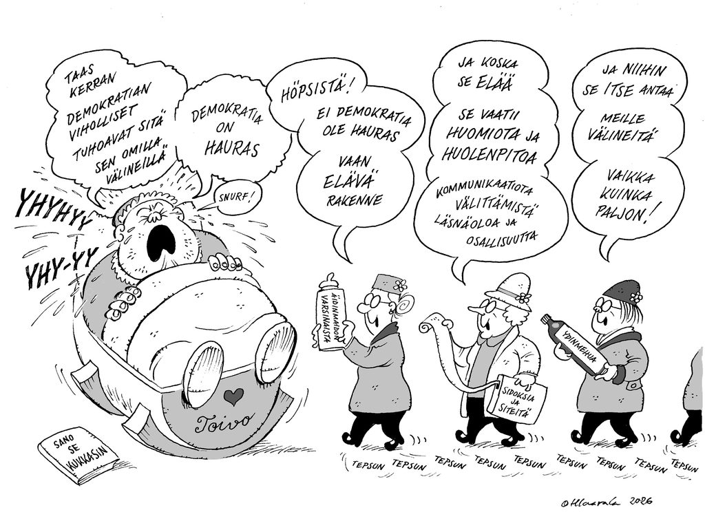 Suuri Toivo-vauva parkuu demokratian puolesta. Kukkahattu tätejä Beatles-tyyppisessä jonossa tulossa apuun. Demokratia on elossa ja siksi totta kai vaatii huomiota ja huolenpitoa. Ja välineetkin noihin asioihin se itse antaa.