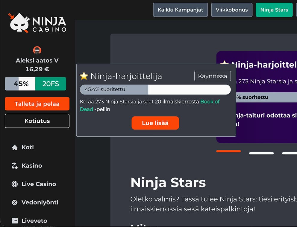 Rahapelisanomat testaaja Aleksi Virtanen keräämässä 20 ilmaiskierrosta Book of Dead -peliin. Ninja puhuu käteispalkinnoista, ja myös nämä ilmaiskierrokset tulevat ilman kierrätystä - eli voitot saa kotiutettavana rahana.