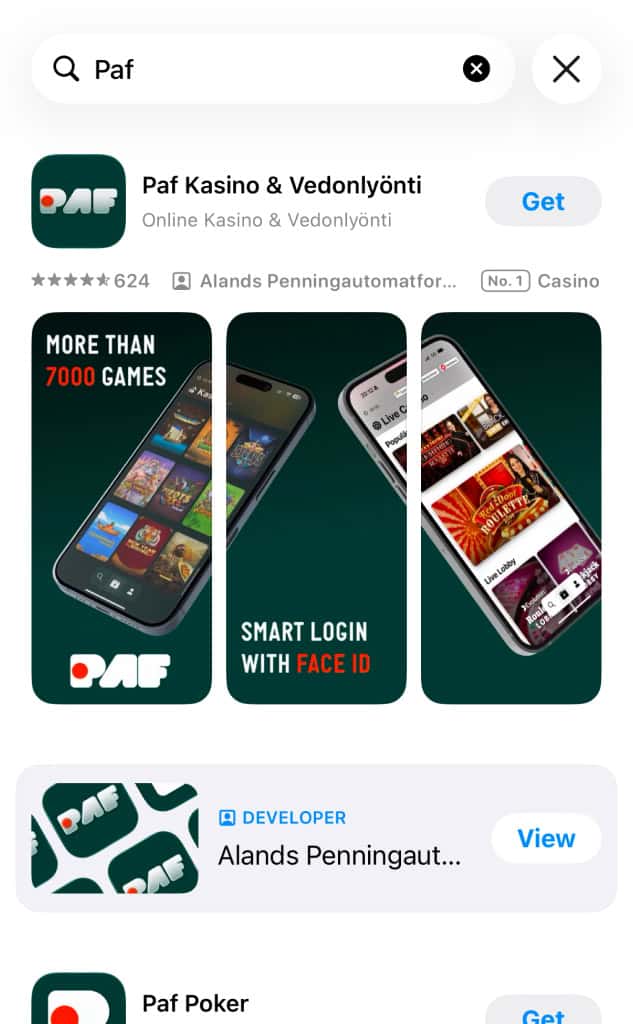 Paf Kasino & Vedonlyönti sovellus Suomi App Storessa. Lisäksi näkyy erikseen Paf poker sovellus.