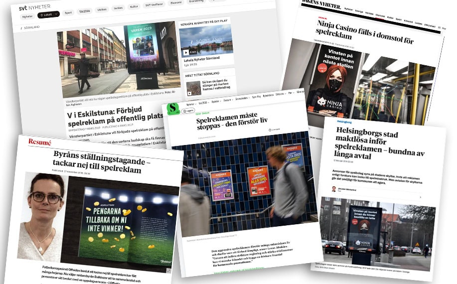 Kuvakooste Ruotsalasista pelimainontaa koskevista artikkeleista.