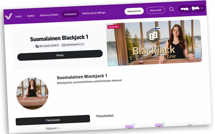 Kuvakaappaus Veikkauksen blacjack-pelisivusta.