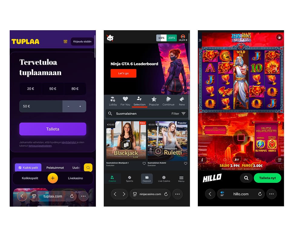 Suomenkielisiä nettikasinoita. Tuplaa kutsuu tuplaamaan. Ninja Casinolla pelaaja on löytänyt Suomalaisen Blackjackin ja Suomalaisen ruletin, Hillolla Zeus vs. Hades kolikkopeli on antanut voiton (peli Suomeksi).