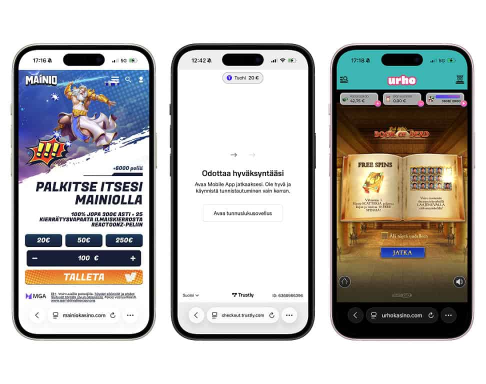 Kuvassa näkyy eri casinoita kuten Mainio Kasino etusivu mikä kertoo tarjoavansa ilmaiskierroksia Reactoonz-kasinopeliin; Tuoh casino luotettava Trustly talletus, ja Urho Casino meidän suosikkikasinopeli Book of Dead.