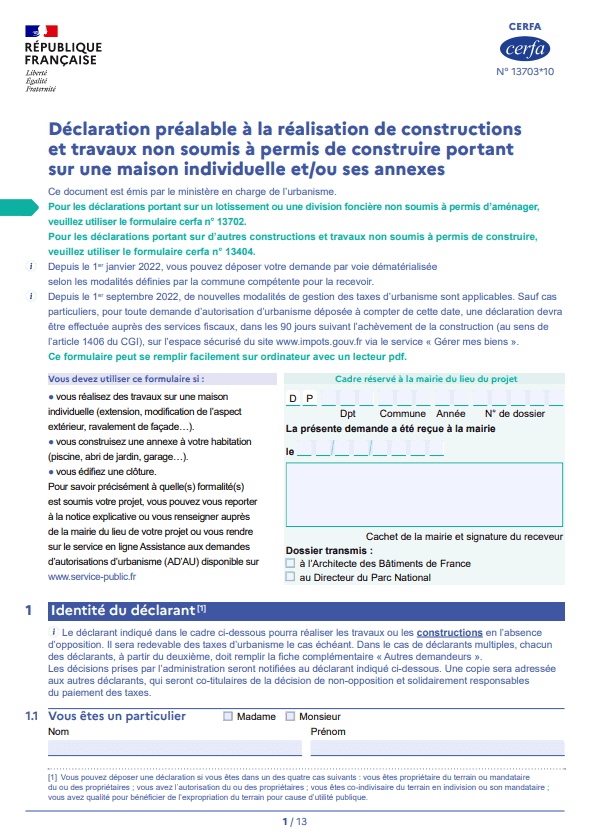 Déclaration Préalable de travaux - Formulaire CERFA n1370310.