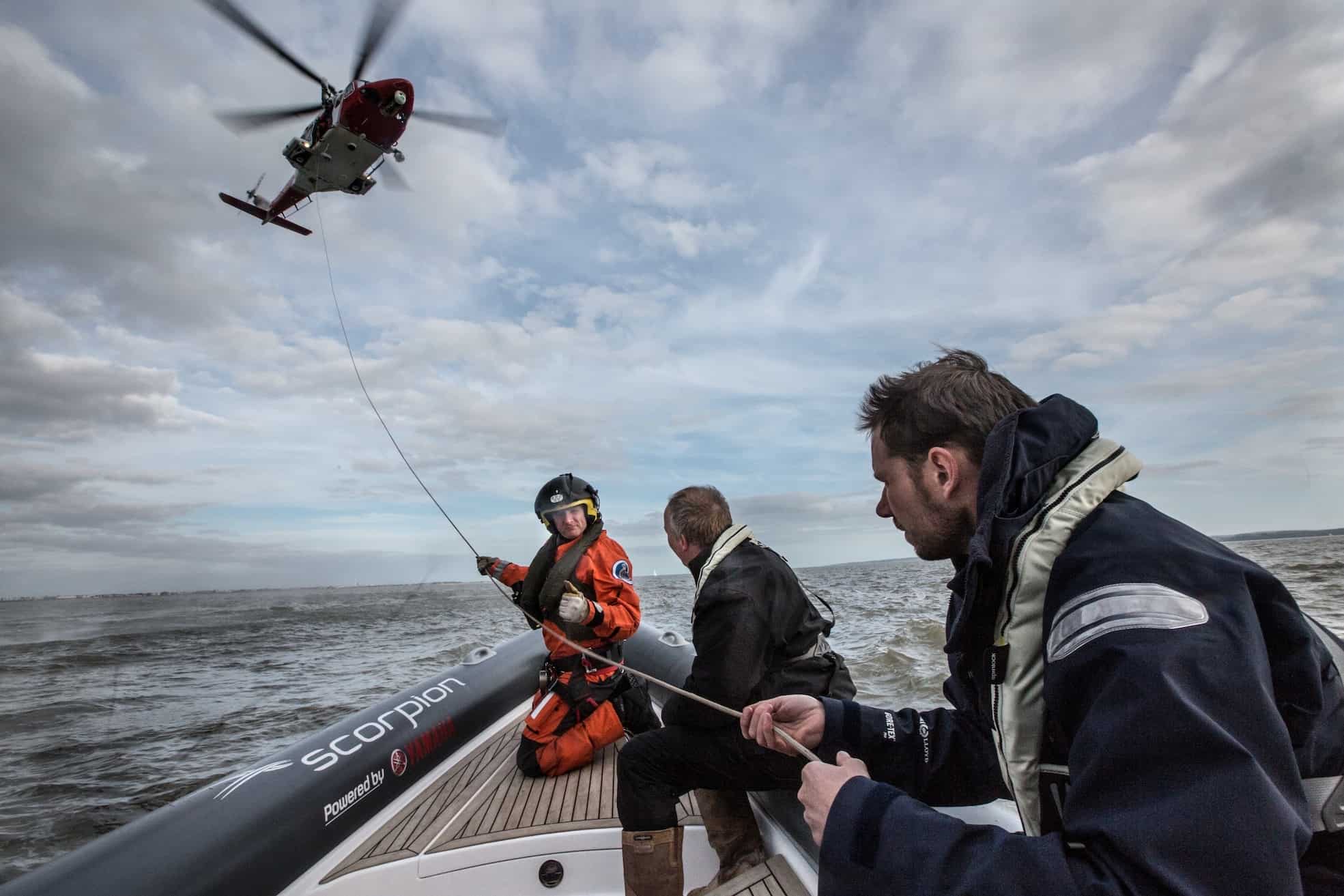 "Helicopter transfers training from the bow of a Scorpion Serket 98" Scorpion @ RIBs ONLY - Home of the Rigid Inflatable Home