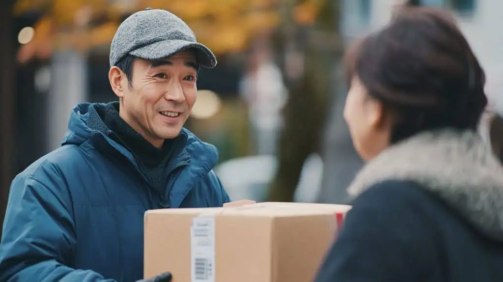 Shipping A man delivering a parcel to a woman.